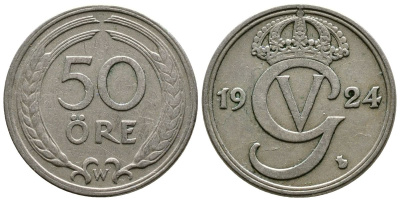 Швеция 50 эре 1924 W, Густав V (1907-1950) KM 796 никель бронза 76-823