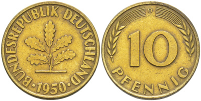 ФРГ 10 ПФЕННИГОВ 1950 D KM 108, J. 383 сталь плакированная латунью 4182-745