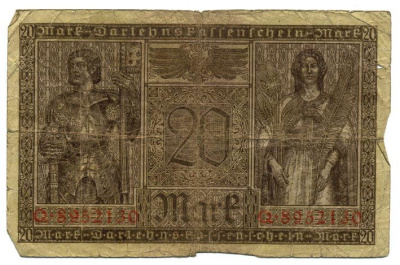 Германия 20 марок 1918 20 февраля 1918, серия Q, красная, Минерва и Меркурий Pick 57, Rosenberg 55 бумага 7217-78-3-2