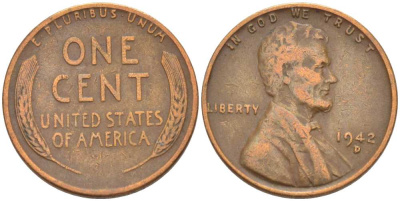 США 1 ЦЕНТ 1942 D, ЛИНКОЛЬН KM 132 бронза 218-425