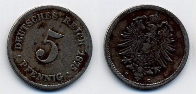 Германия 5 пфеннигов 1875 C, старогербовка KM 3, Jager 3, Weege 5 медно-никель 46-248