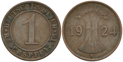 Германия 1 рейхспфенниг 1924 A KM 37, J. 313 бронза 4189-1056