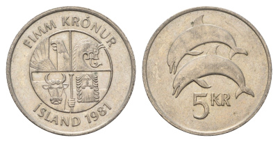 Исландия 5 крон 1981 дельфины KM 28 медно-никель 4591-846