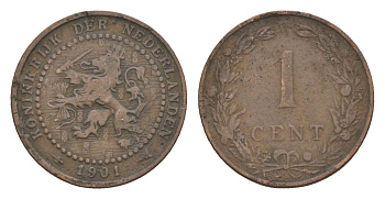 Нидерланды 1 цент 1901 Вильгельмина (1890-1948) KM 130 бронза 72-1023
