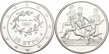 Греция 10 евро 2003 XXVIII летние Олимпийские игры 2004 года в Афинах, легкая атлетика, эстафета KM 196 серебро PROOF 02-035-21