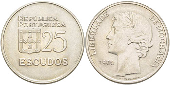 Португалия 25 эскудо 1980 первый год KM 607а медно-никель 4517-414