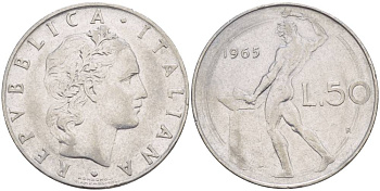 ИТАЛИЯ 50 ЛИР 1965 R, БОГ ОГНЯ ВУЛКАН У НАКОВАЛЬНИ KM 95.1 нержавеющая сталь 4551-345