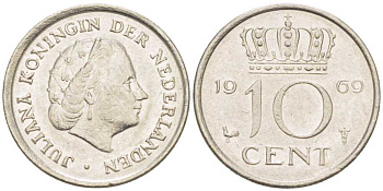 Нидерланды 10 центов 1969 Юлиана (1948-1980) KM 182 никель 214-1237