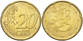 ФИНЛЯНДИЯ 20 ЕВРОЦЕНТОВ 2001 М KM 102 латунь 4543-116