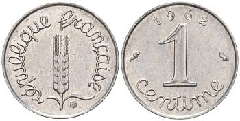 Франция 1 сантим 1962 Пятая Республика KM 928, Le Franc 106.4 хромированная сталь 187-428