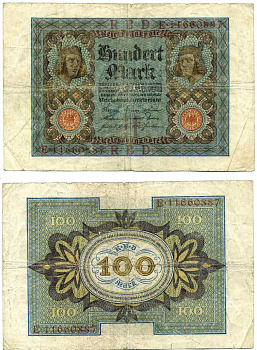 Германия 100 марок 1920 Бамбергский всадник, 8 цифр в номере, серия Е, буква Н Pick 69 b, Розенберг 69b бумага  8612-63-2-1