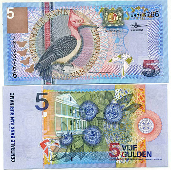 Суринам 5 гульденов 2000 птица Red-necked woodpecker, TDLR Pick 146 бумага UNC (пресс) 6266-20-1