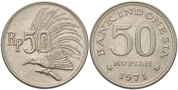 Индонезия 50 рупий 1971 райская птица KM 35 медно-никель UNC 4143-1231