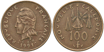 Французская Новая Каледония 100 франков 1991 хижина среди сосен и пальм, (IEOM) KM 15, Schoen 16, Lec 136 никель латунь 4137-1132