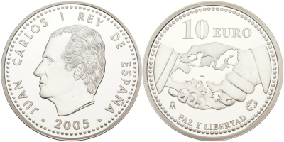 Испания 10 евро 2005 M, 60 лет миру и свободе в Европе KM 1065 серебро PROOF 11-182-33