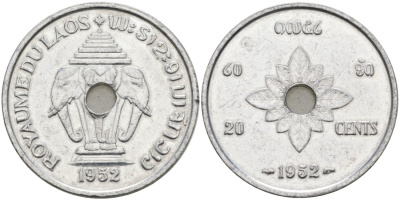 Лаос 20 центов 1952 король Сисаванг Вонг (1904-1959), слоны KM 5 алюминий 4572-315
