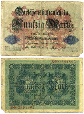 ГЕРМАНИЯ 50 МАРОК 1914 5 АВГУСТА 1914, СЕМЬ ЦИФР В НОМЕРЕ Pick 49b бумага 8612-45-1-2