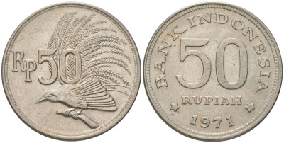 Индонезия 50 рупий 1971 райская птица KM 35 медно-никель UNC 4143-1231