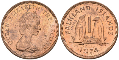 Фолклендские острова 1 пенни 1974 Елизавета II (1952-2022), папуанский пингвин KM 2 бронза 4152-1264