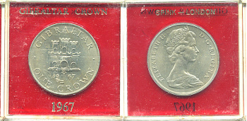 Гибралтар 1 крона 1967 Елизавета II (1952-2022), старый замок, в оригинальной пластиковой коробке, первый год чекана KM 4 медно-никель UNC 6-6-1-17