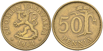 ФИНЛЯНДИЯ 50 ПЕННИ 1964 S KM 48 алюминиевая бронза 4563-414