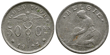 БЕЛЬГИЯ 50 САНТИМОВ 1923 BELGIE KM 88 никель 93-647