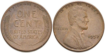 США 1 ЦЕНТ 1957 ЛИНКОЛЬН KM А132 медь цинк 3309-1166