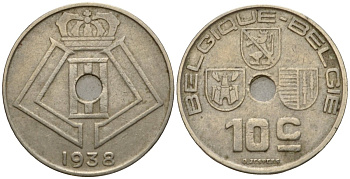 Бельгия 10 сантимов 1938 Belgique - Belgie KM 112 никель латунь 39-621