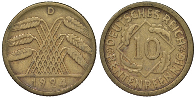 Германия 10 рентенпфеннигов 1924 D KM 33, J. 309 алюминиевая бронза 4121-847
