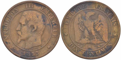 Франция 10 сантимов 1855 BB, Наполеон III (1852-1870) KM 771.3, Le Franc 133.23 бронза    4680-532