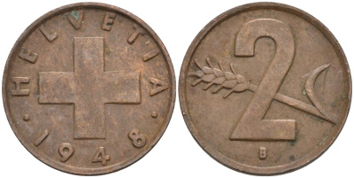 Швейцария 2 раппена 1948 В KM 47 бронза 4591-554