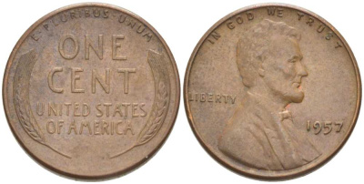 США 1 ЦЕНТ 1957 ЛИНКОЛЬН KM А132 медь цинк 3309-1166