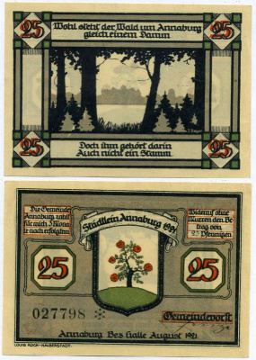 Германия, Аннабург 25 пфеннигов 1921 август 1921, нотгельд, земля Саксония-Ангальт Grabowski 470.1  бумага  UNC (пресс) 7221-12-1-1