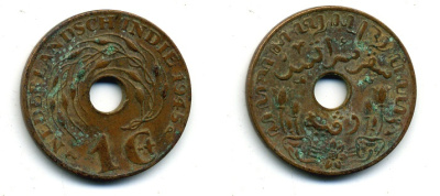 Нидерландская Восточная Индия 1 цент 1945 р, Вильгельмина (1890-1948) KM 317 бронза 56-1216