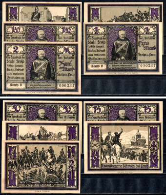 Штольп (Пруссия, Померания) полный набор из 5 нотгельдов (50 и 75 пфеннигов; 1, 1,5 и 2 марки) ND Mehl Grabowski 1275.5 бумага UNC (пресс) 7556-58-4-1