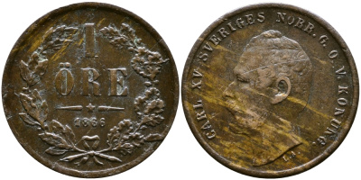 Швеция 1 эре 1866 L.A., Карл XV (1859-1872) KM 705 бронза 73-1747