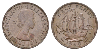 Великобритания 1/2 пенни 1960 Елизавета II (1952-2022) KM 896, Spink 4158 бронза    4660-642