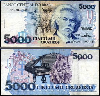 Бразилия 5000 крузейро ND (1990-1993) Карлось Гомес, музыкант, рояль Pick 232 b бумага 6317-11-2-2