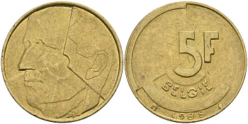 Бельгия 5 франков 1988 Надпись на голландском - 'BELGIE' KM 164 Алюминиевая бронза 4165-343
