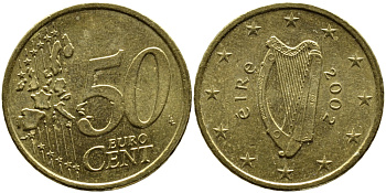 ИРЛАНДИЯ 50 ЕВРОЦЕНТОВ 2002 KM 37 латунь 4390-1017