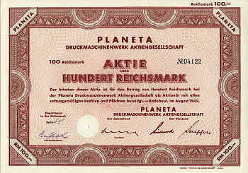 Германия 100 рейхсмарок 1942 АО Книгопечатные машины и оборудование Planeta, акция   бумага   8803-22-1