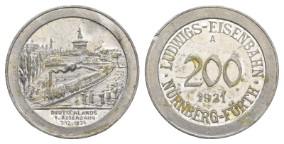 Нюрнберг - Фюрт 200 пфеннигов 1921 юбилейный жетон железной дороги - поезд Men05 19217.3, Men18 24057.3 алюминий aUNC 1518-112
