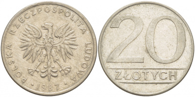 ПОЛЬША 20 ЗЛОТЫХ 1987 MW KM 153.1 медно-никель 213-844