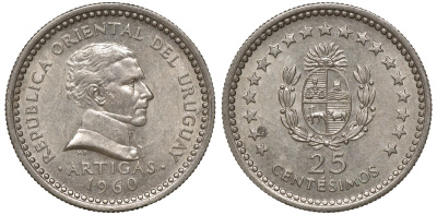 Уругвай 25 сентесимо 1960 KM 40 медно-никель 4169-958