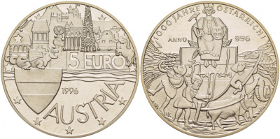Австрия 5 евро 1996 1000 лет Австрии медно-никель PROOF 1066-3-32