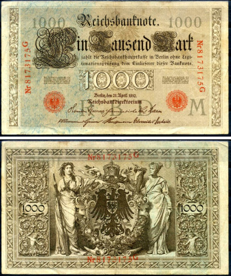 Германия 1000 марок 1910 21 апреля 1910, красная печать, номер семизначный, серия G, буква M, выпуск АПРЕЛЬ - ИЮЛЬ 1918 Pick 44 b бумага 2194-31-2-1