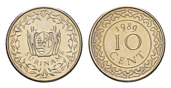 Суринам 10 центов 1989 KM 13a медно-никель UNC 4685-715