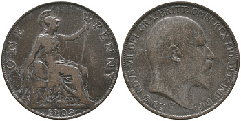 Великобритания 1 пенни 1903 Эдуард VII (1901-1910) KM 794.2, Spink 3990 бронза 32-436