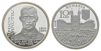 Румыния 10 леев 2008 200 лет со дня рождения Симеону Бэрнуциу, тираж 500 экземпляров KM 246 серебро PROOF 11-161-11