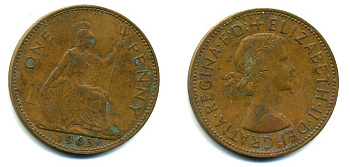 Великобритания 1 пенни 1963 Елизавета II (1952-2022) KM 897, Spink 4157 бронза 57-541